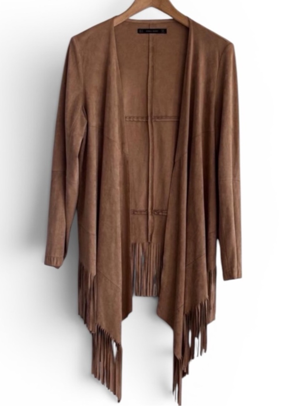 Zara Tan Faux Suede Fringe Jacket Boho Waterfall Cardigan Coat Medium